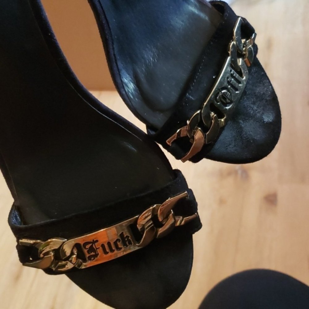 JEFFREY CAMPBELL sz 7 BLACK F*CK OFF or F BOMB METAL ACCENT HEELS strappy sandal - Picture 5 of 7